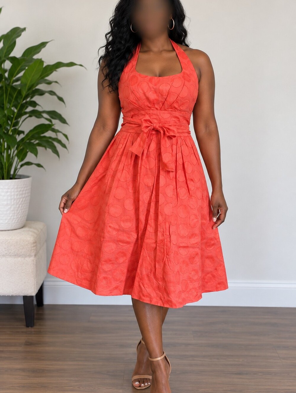 Design History Coral Orange Halter Dress Size 12 Tie Waist Circle Print